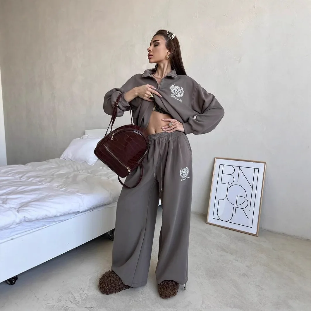 Original Letter Embroidery Hoodie Pants Suit Autumn and Winter Women's Fashion Embroidery Long Sleeved Top Wide Leg Pants 2Pcs