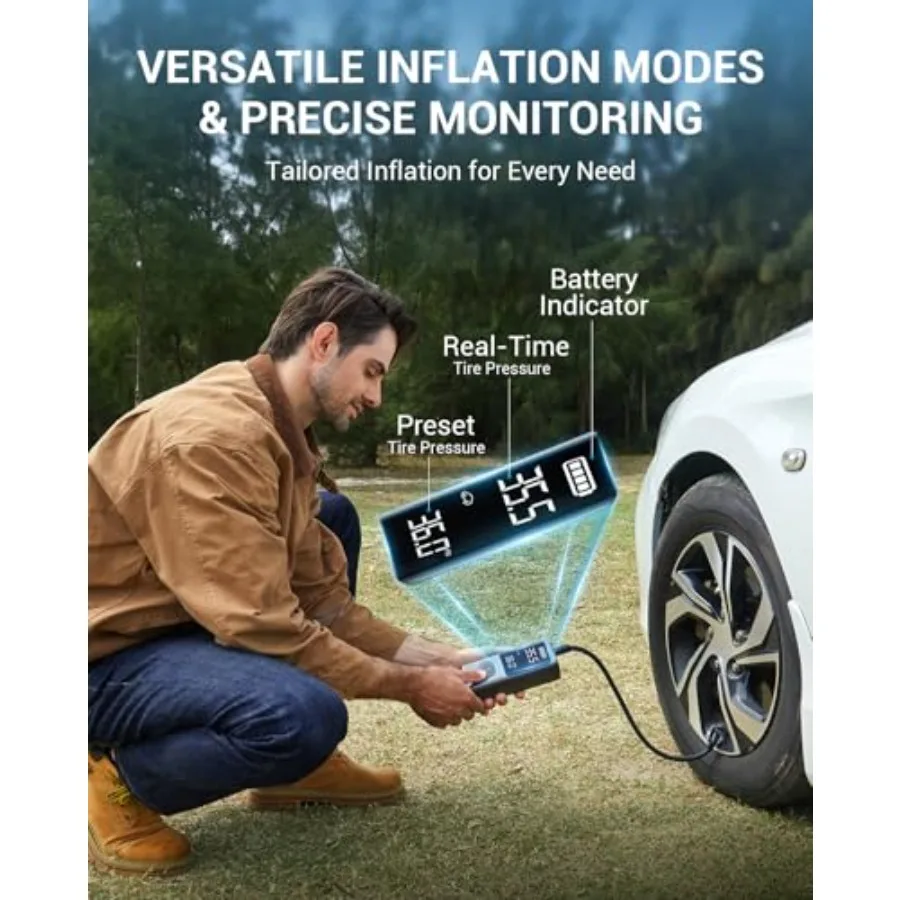 منفاخ إطارات محمول مع ضاغط هواء لاسلكي 150 رطل لكل بوصة مربعة ومقياس ضغط مدمج لتضخم إطارات السيارة في حالات الطوارئ