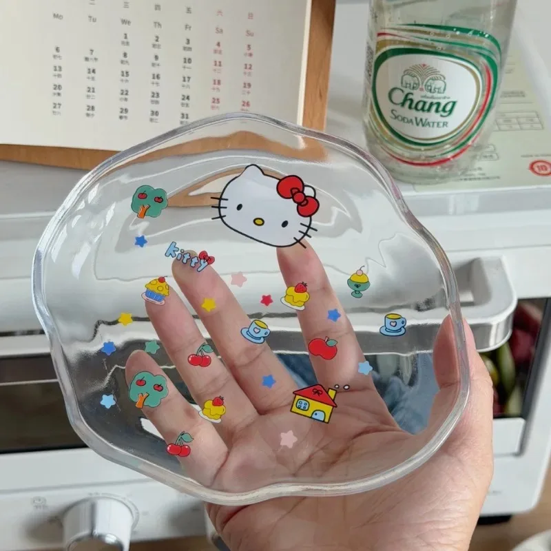 Plato de Vidrio Transparente de Dibujos Animados Japoneses Sanrio, Plato Creativo para Aperitivos de Hello Kitty, Plato para Pastel, Tazón para Desayuno