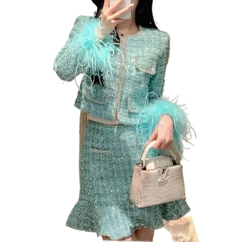Haute Couture Suit, Autumn Blue Heavy Industry Sequined Feather Sleeves French Daughter Gold Small Fragrant Jacket Skirt Women