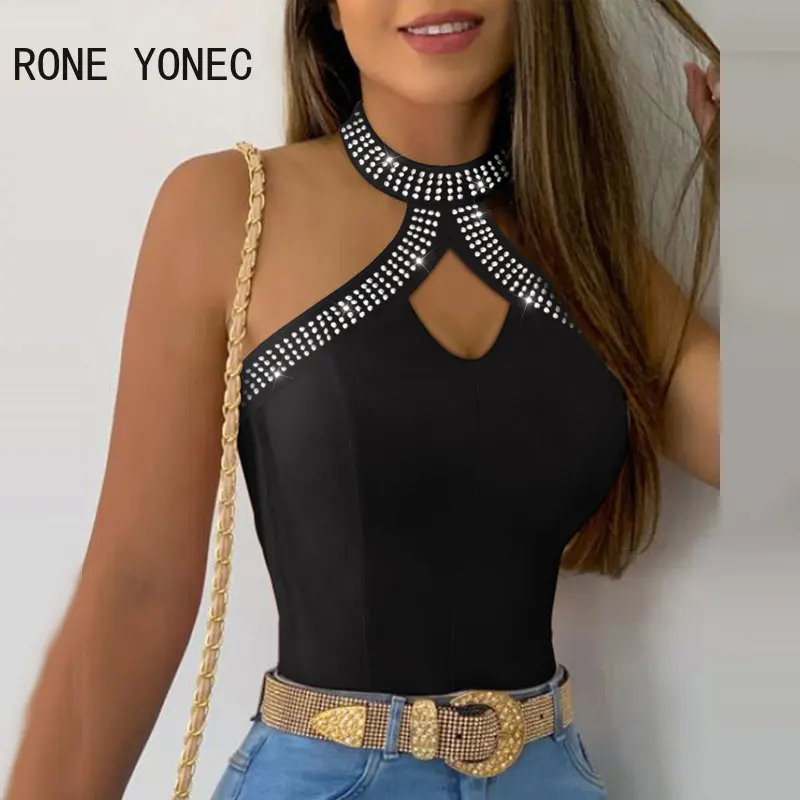 Women Chic Sexy Hollow out  Halter Sleeveless Rhinestone Decoration Summer Casual Sexy Camis Crop Tops