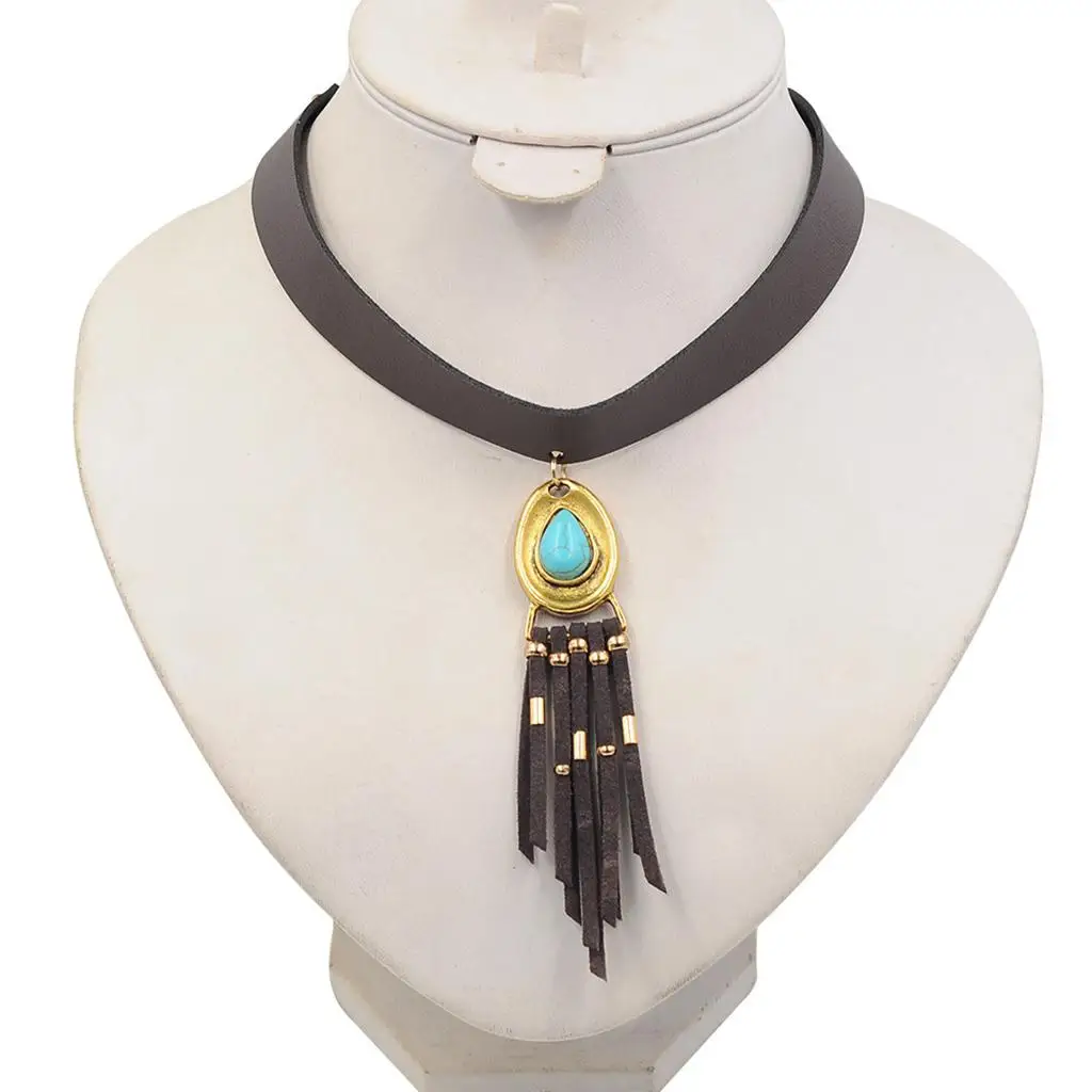 Bohemian Statement Necklace Choker Collar Bib PU Leather Necklace Vintage Boho Costume Jewelry for Women Girls