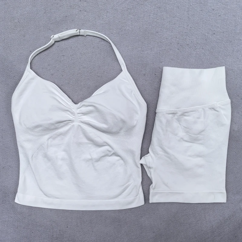 2-teiliges Yoga-Set für Damen, rückenfrei, Neckholder-Tops, hohe Taille, nahtlose Shorts, Fitnessstudio, Anzug, Fitness-Kleidung, Sportbekleidung, Workout-Sets – Detail 9