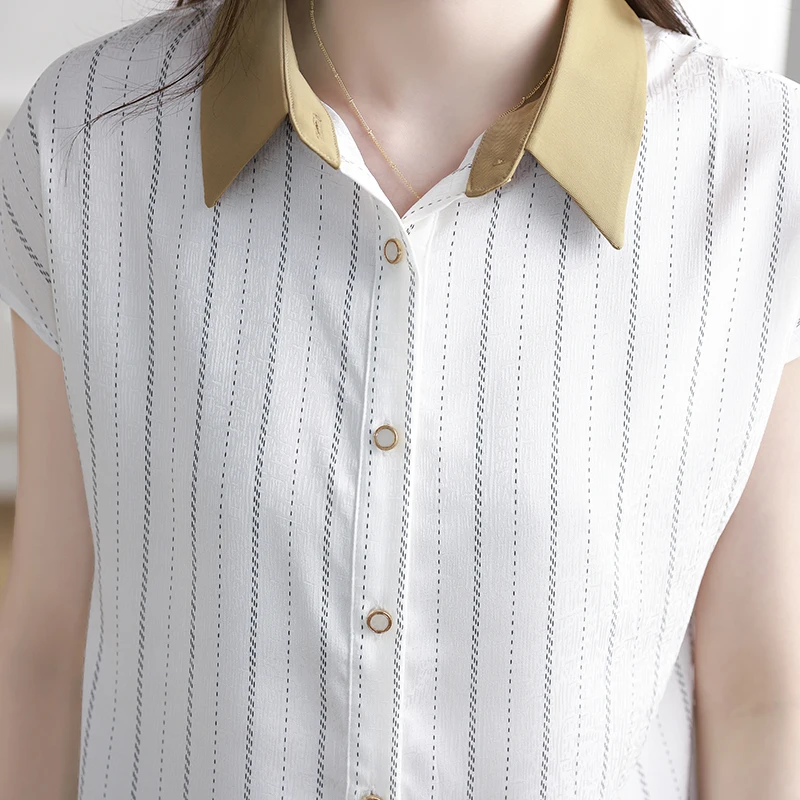 QOERLIN-camisas de gasa a rayas para mujer, camisas de manga corta con cuello vuelto, Tops elegantes con botones para oficina, novedad de verano