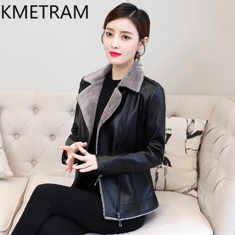 KMETRAM-Veste en cuir véritable pour femme, peau de mouton naturelle, fourrure de moto, vestes courtes en peluche épaissie, automne, hiver