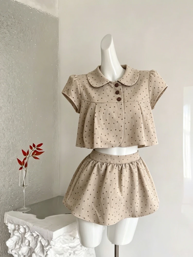 

New Summer Casual Sweet 2 Piece Set for Women Polka Dot High Waist Design Mini Skirt Suit Chic Retro Fitted Daily Female Outfits