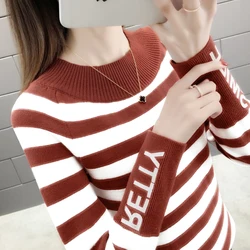 2024 Autumn Winter Women New Korean Fashion Knitted Pullover Office Lady Striped Long Sleeved Sweater Vintage Loose Knitwear