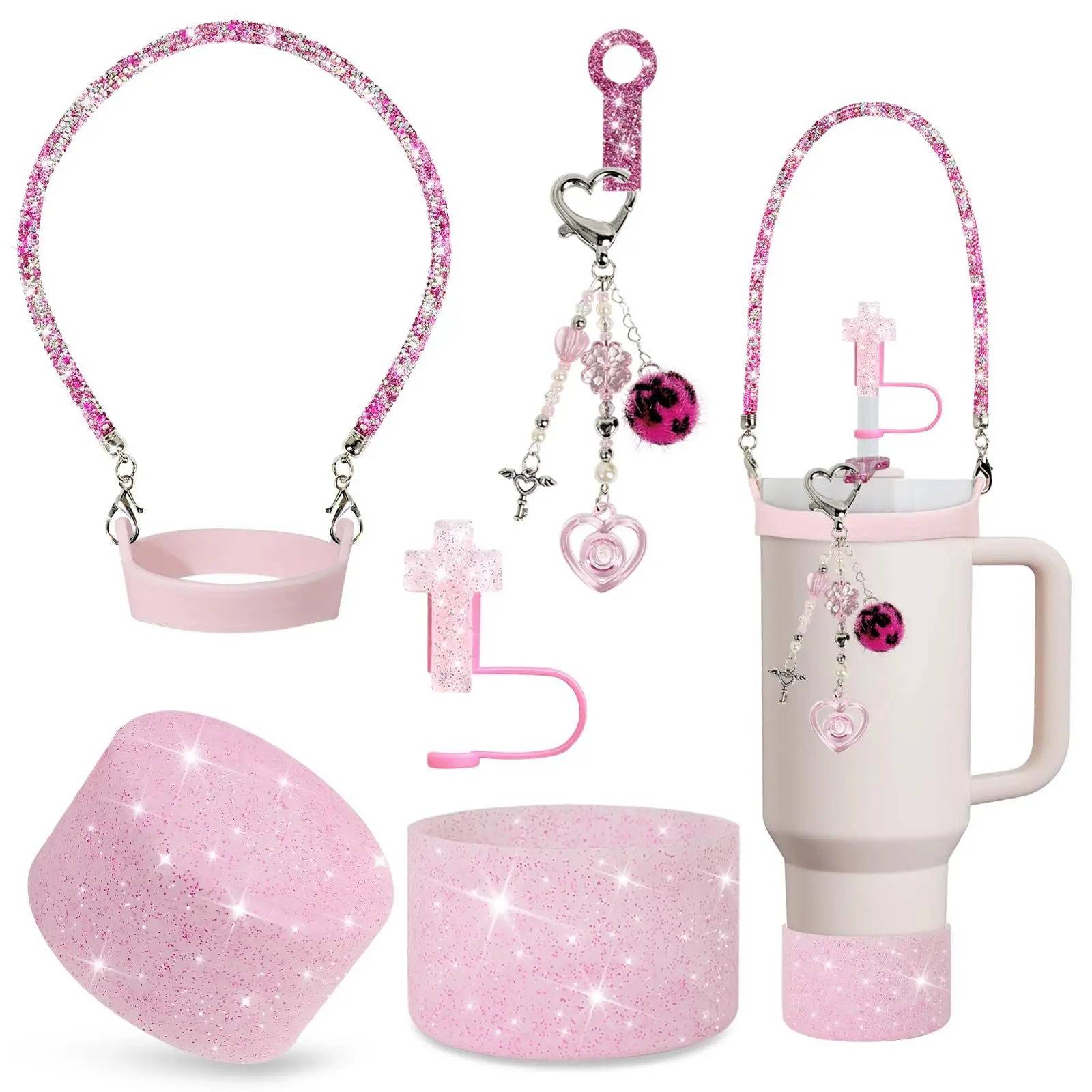 Shiny Silicone Cup Sleeve with Cross Straw Topper Heart Pearl Chain Pendant And Hand Strap for Stanley Cup