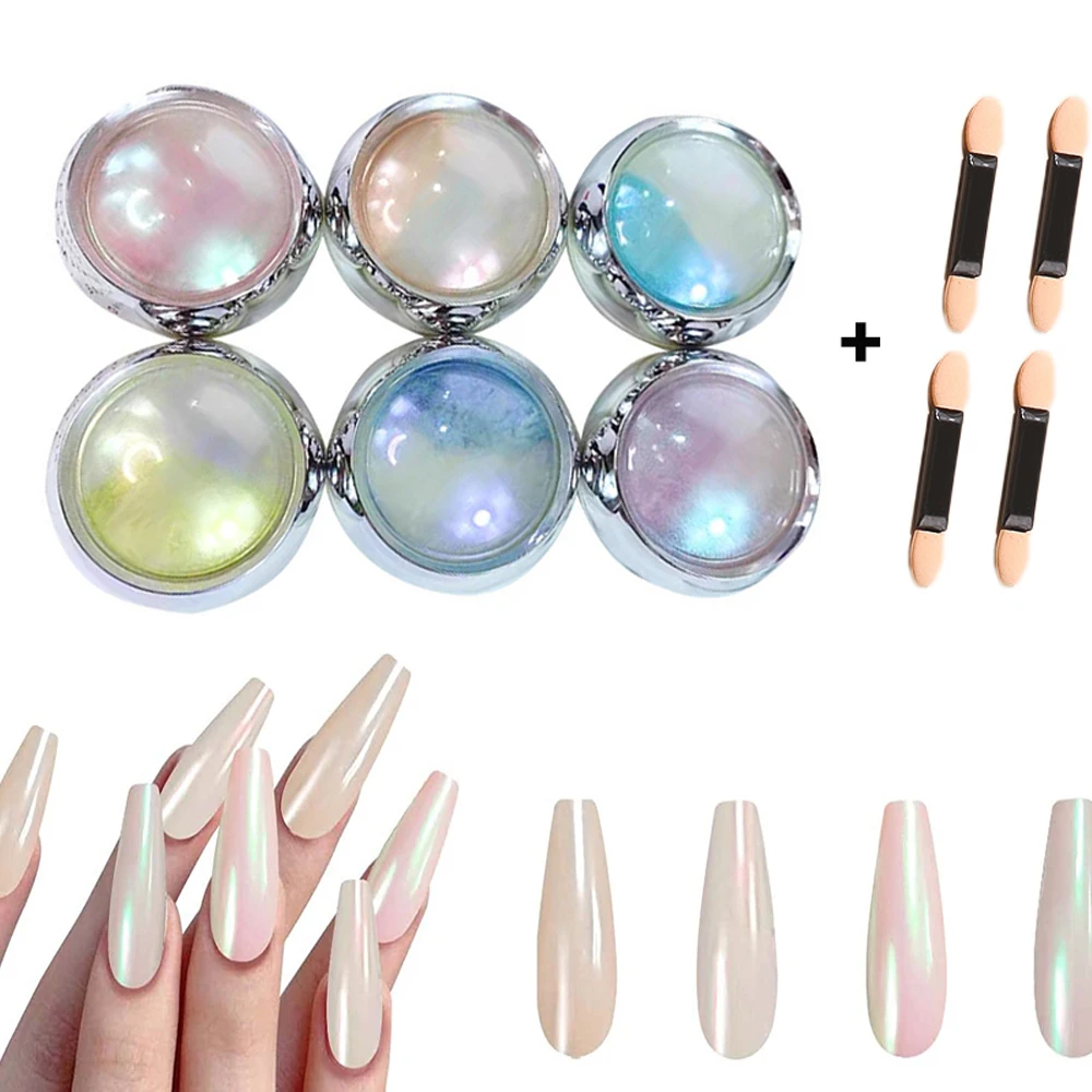 

6 Colors/Set Chrome Nail Powder Metallic Mirror Effect Aurora Magic White Pearl Chrome Powder White Irridescent Chrome Powder