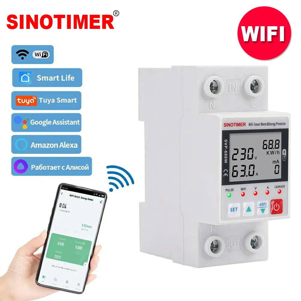 63A 110V 220V Smartlife WIFI Energy Meter Kwh Metering switch Timer with Voltage Current and Leakage Protection TUYA