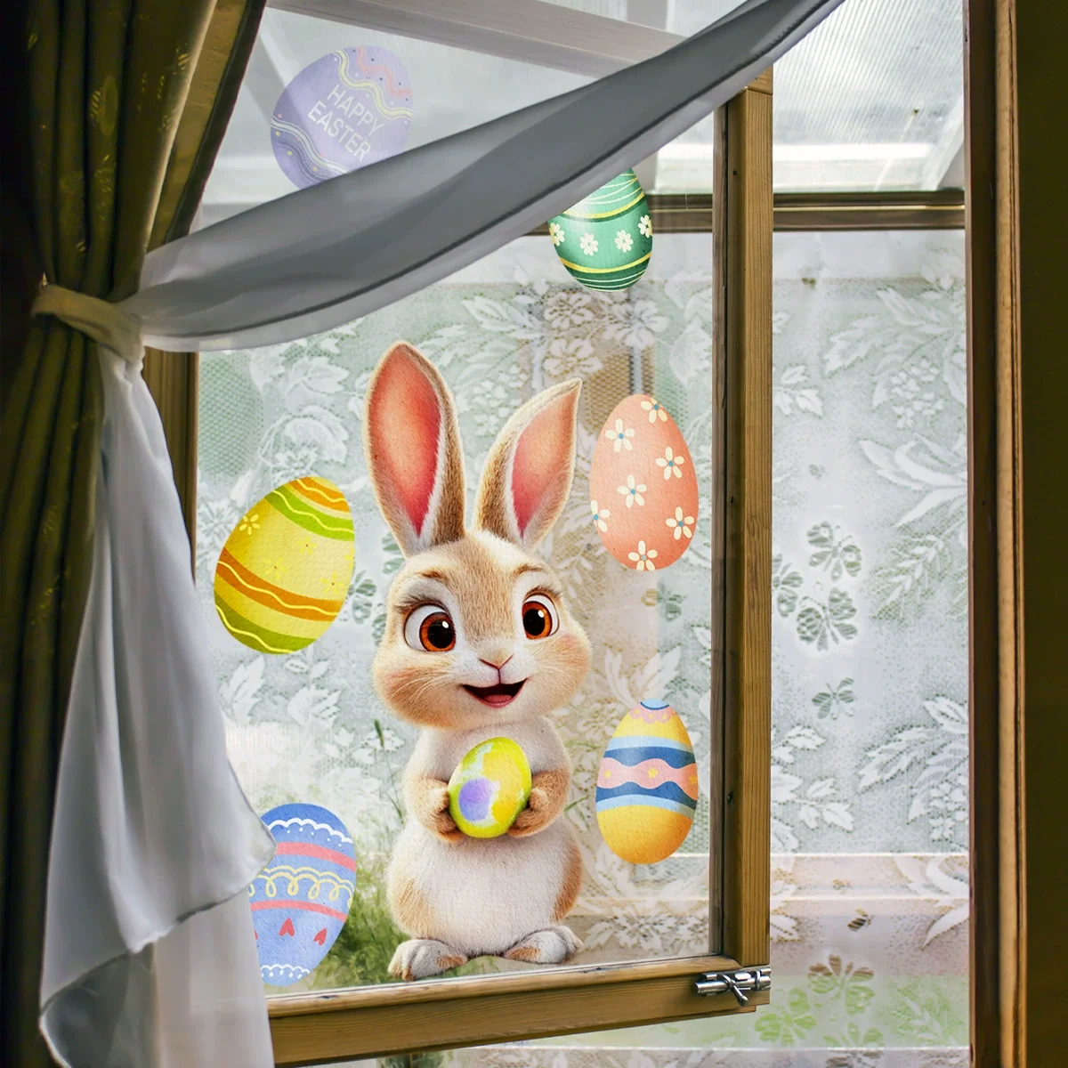 Fensteraufkleber „Frohe Ostern“, niedliche Haseneier, Karotte, elektrostatische Glasaufkleber, Osterdekorationen für Zuhause, Hasen-Wandaufkleber