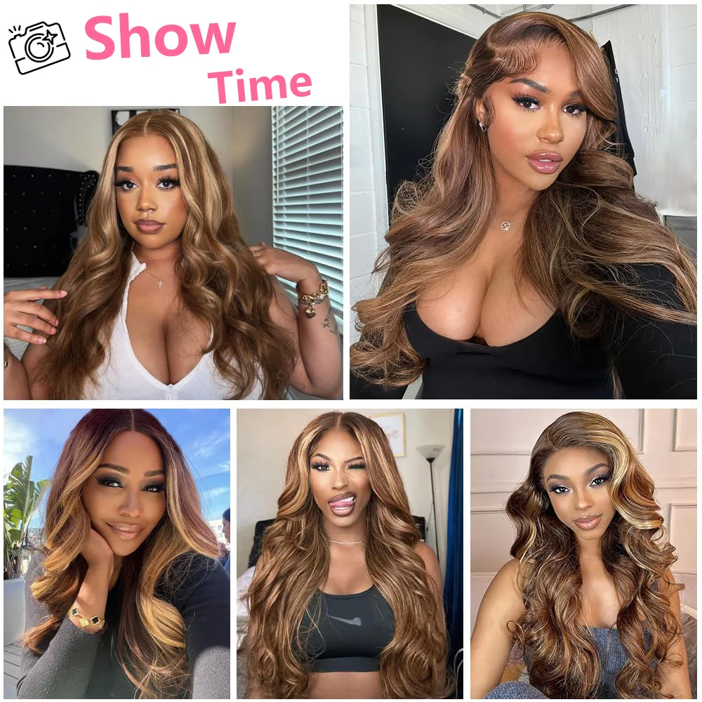 4/27 Highlight Ombre Body Wave 13x6 HD Lace Front Human Hair 13x4 Brazilian Preplucked Transparent Lace Frontal Wigs For Women