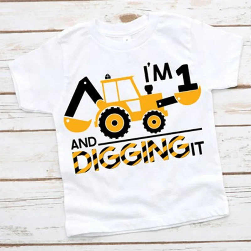 Construction Excavator digging theme boy 1st 2nd first second one two years old birthday party decoration shirt gift Photo props