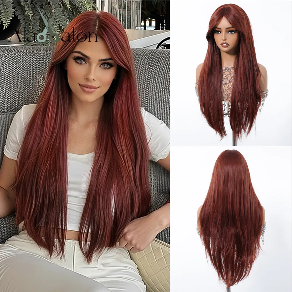 ALAN EATON Auburn Layered Synthetic Wigs with Bangs Long Straight Wig Natural Looking for Women Daily Party Heat Resistant Fiber