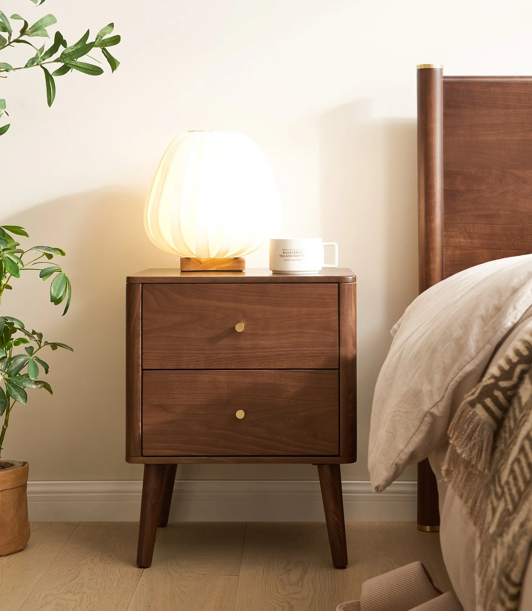 

B5027 Nordic Boho 2 Drawer Solid Black Walnut Wood Nightstand for Bedroom