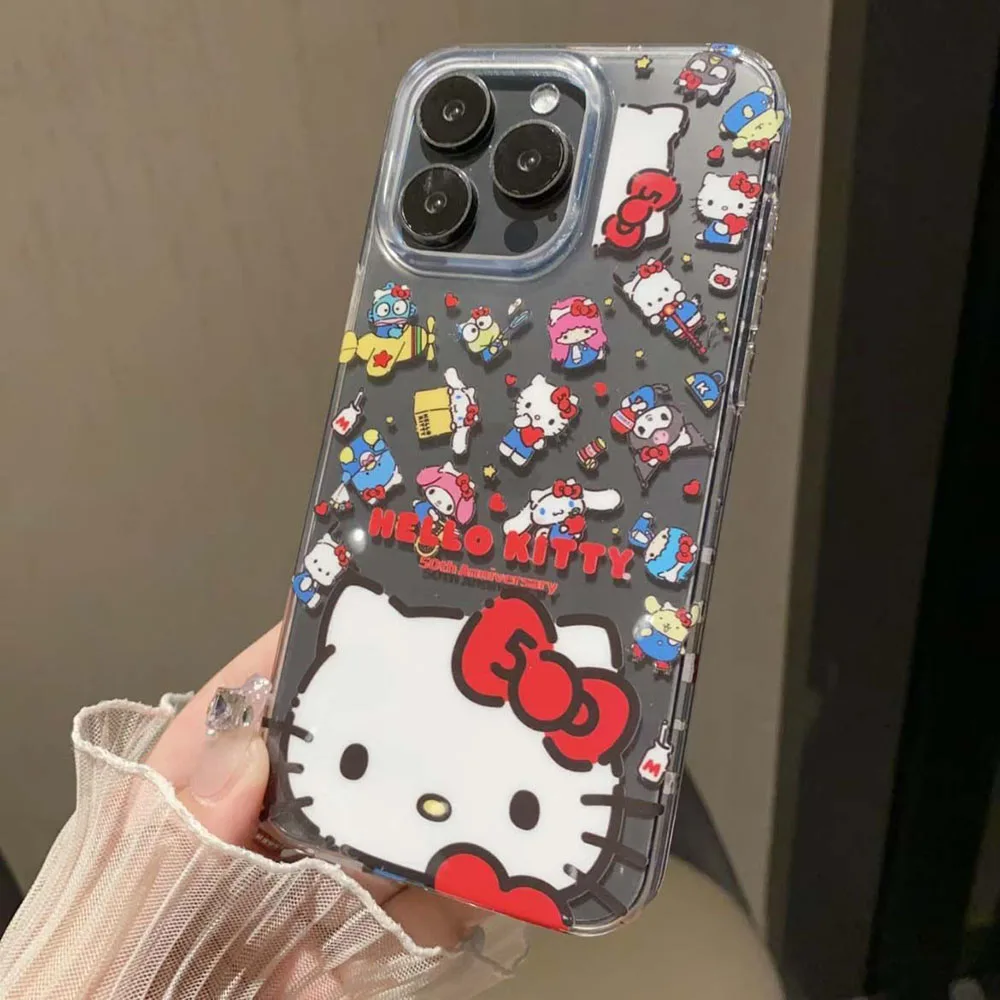 Cartoon Print Hello Kitty Iphone15Plus 14Promax Phone Case Suitable 11 Xsmax Kawaii 13Mini 12 Transparent Anti Drop Soft Shell