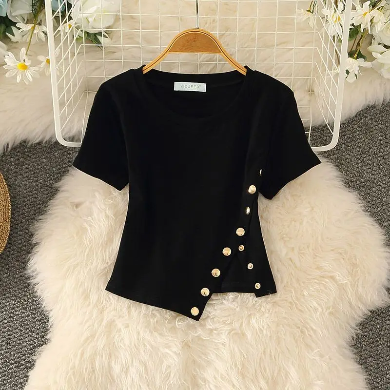 

Summer Personality Button Irregular Slim Short T-shirt Women Sexy High Waist Solid Navel Exposed Round Neck Short Sleeve Tops