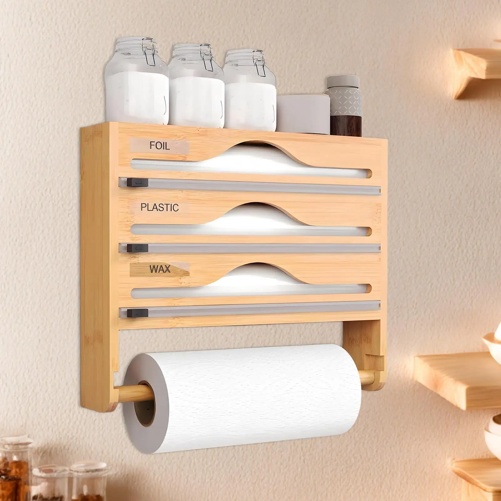 

Kitchen Storage rack Cling Film Cutter Wall Mounted Wrap Dispenser Multifunctional Space Saving Container Cling Film Cutting Box