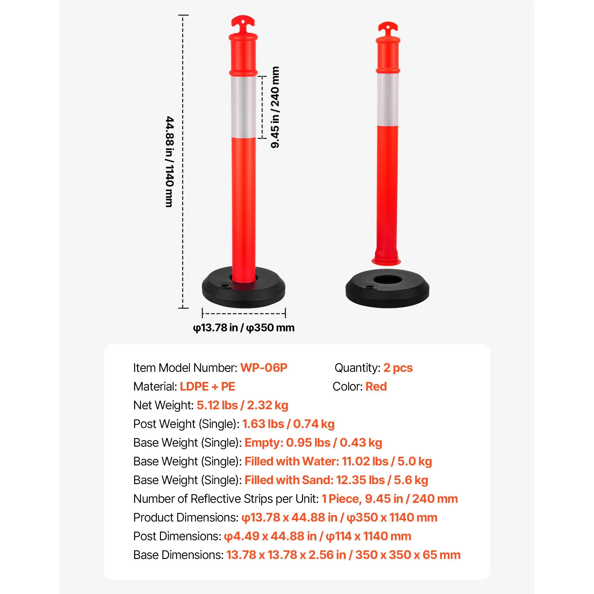 2 Pack Traffic Delineator Posts, 48 inches Traffic Safety Cones with Fillable Base and Reflective Strips, Heavy Duty Delineator Posts for Construction Site, Parking Lot, Crowd Control, Red