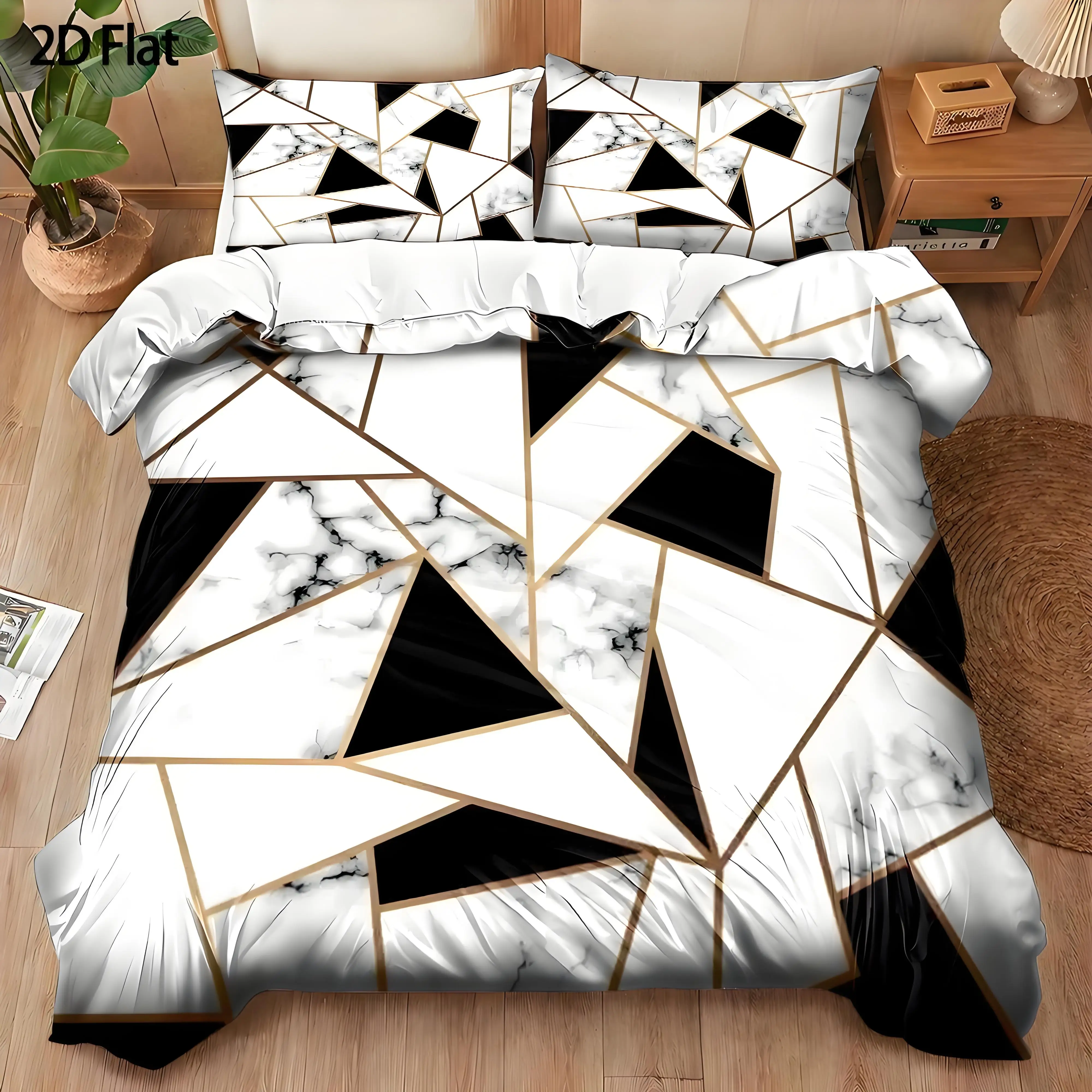 Ins-Style Marble Gold-Stamped Geometric Bedding Three-Piece Set, Light Luxury Style Decorative Duvet Cover Set for Guesthouses and Hotels, Duvet Cover Set Multi Size Quilt Cover Queen Size Bedroom Bedding Decoration Machine Washable