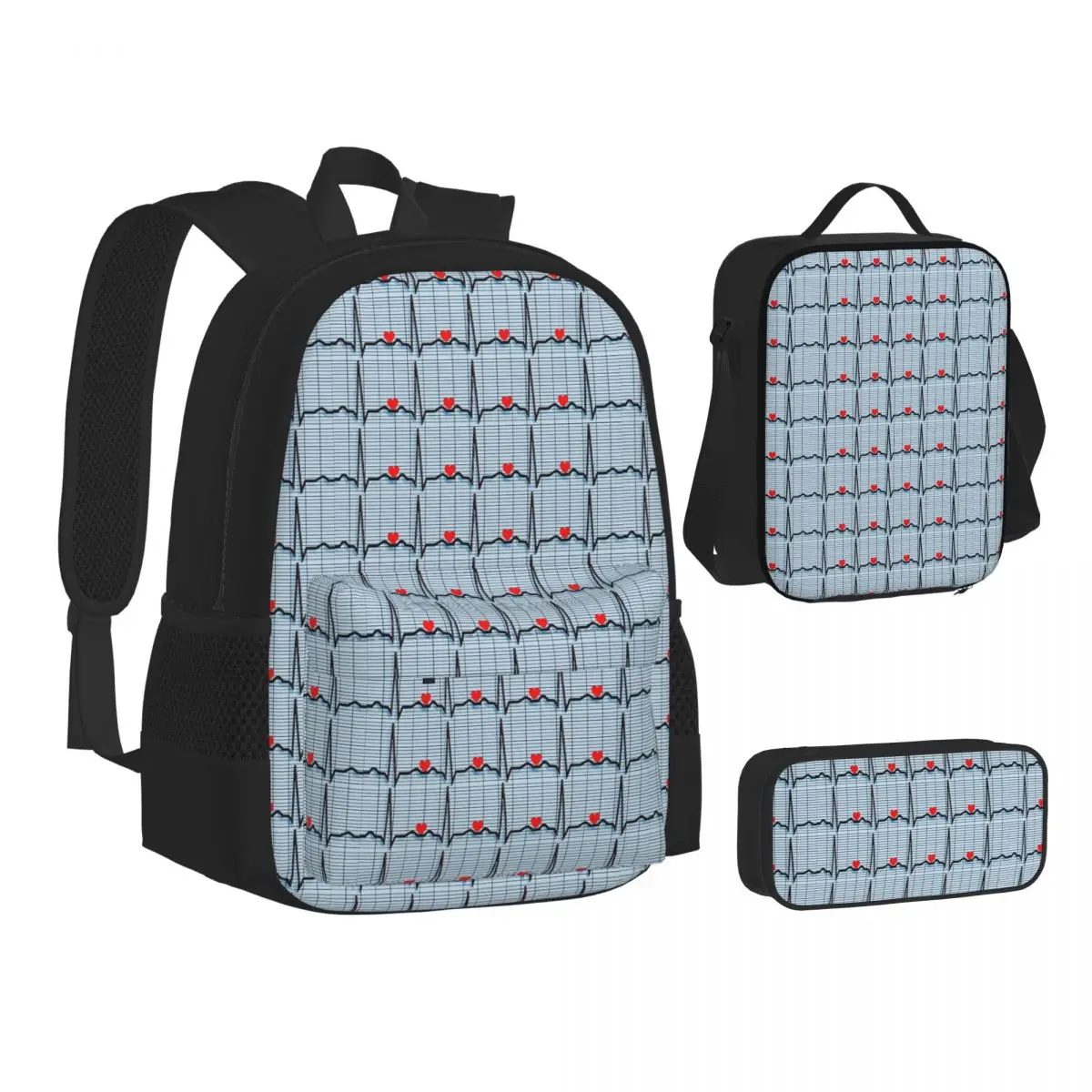EKG Cardiac Rhythm Strips Backpacks Students Bookbag School Bags Kids Rucksack Lunch Bag Pen Bag Three-Piece Set