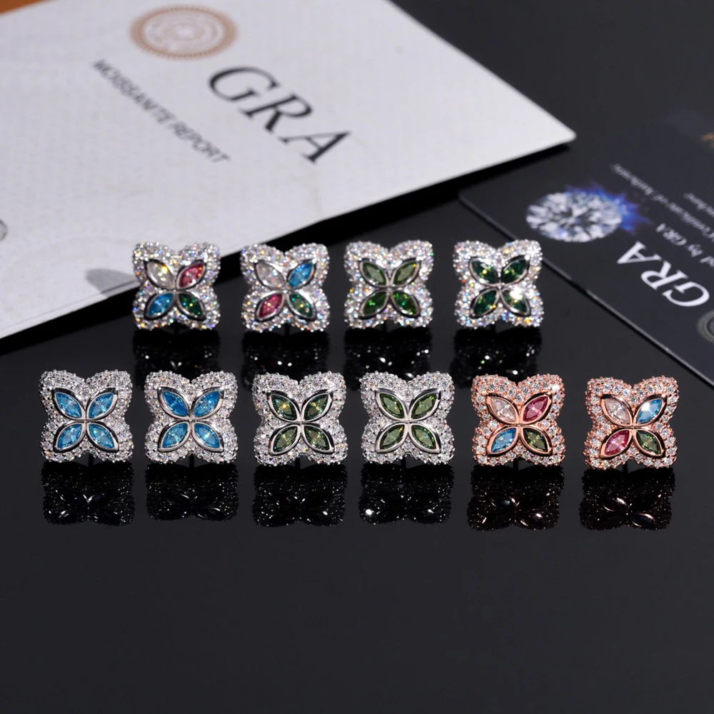 Iced Bling Colorful Moissanite Clover Stud Earrings 925 Sterling Silver Fine Jewelry Lab Diamond Flower Earrings Pass Tester