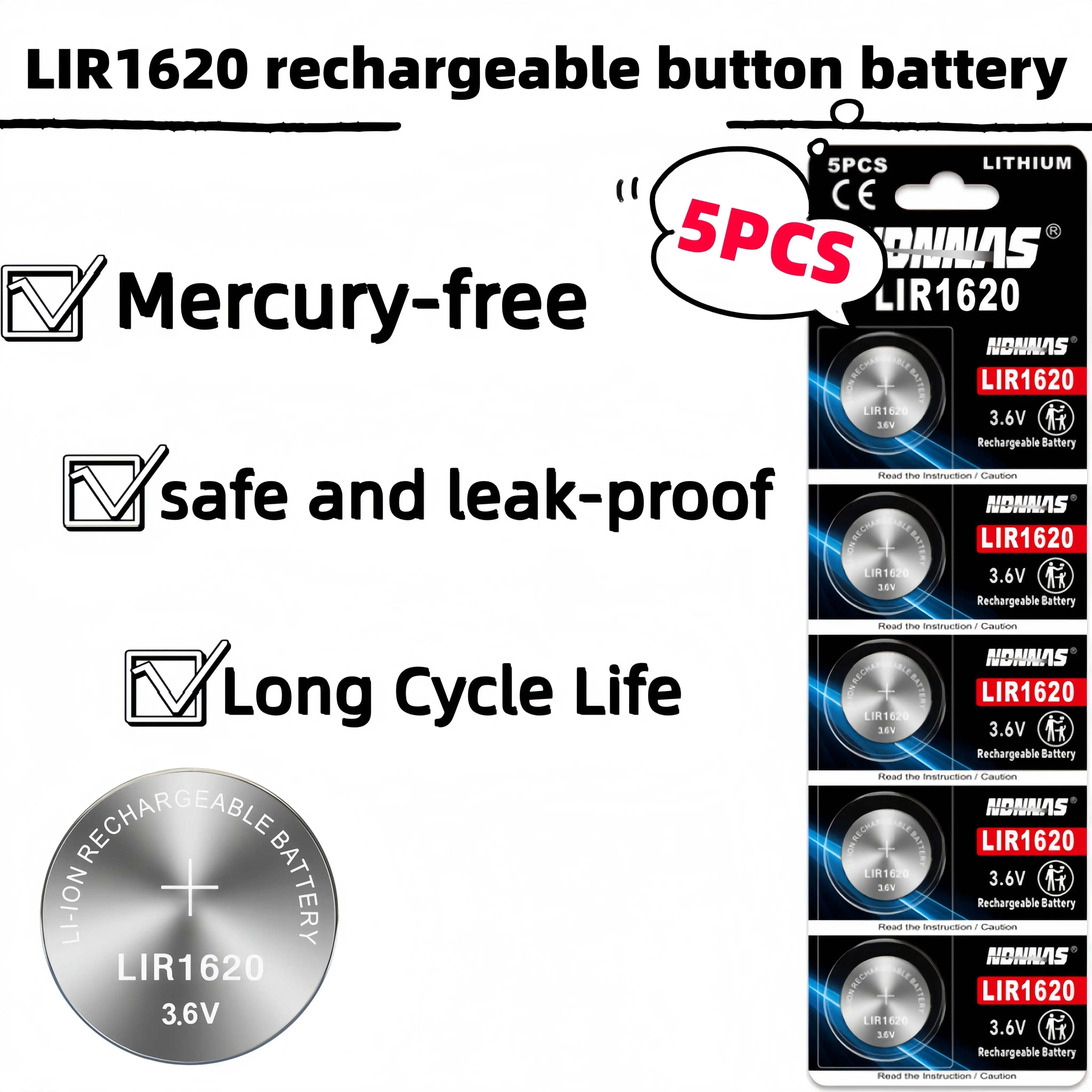 5-20PCS/LOT LIR1620 3.6V Rechargeable Lithium Coin Button Battery With Charger For Watch Car Key Remote