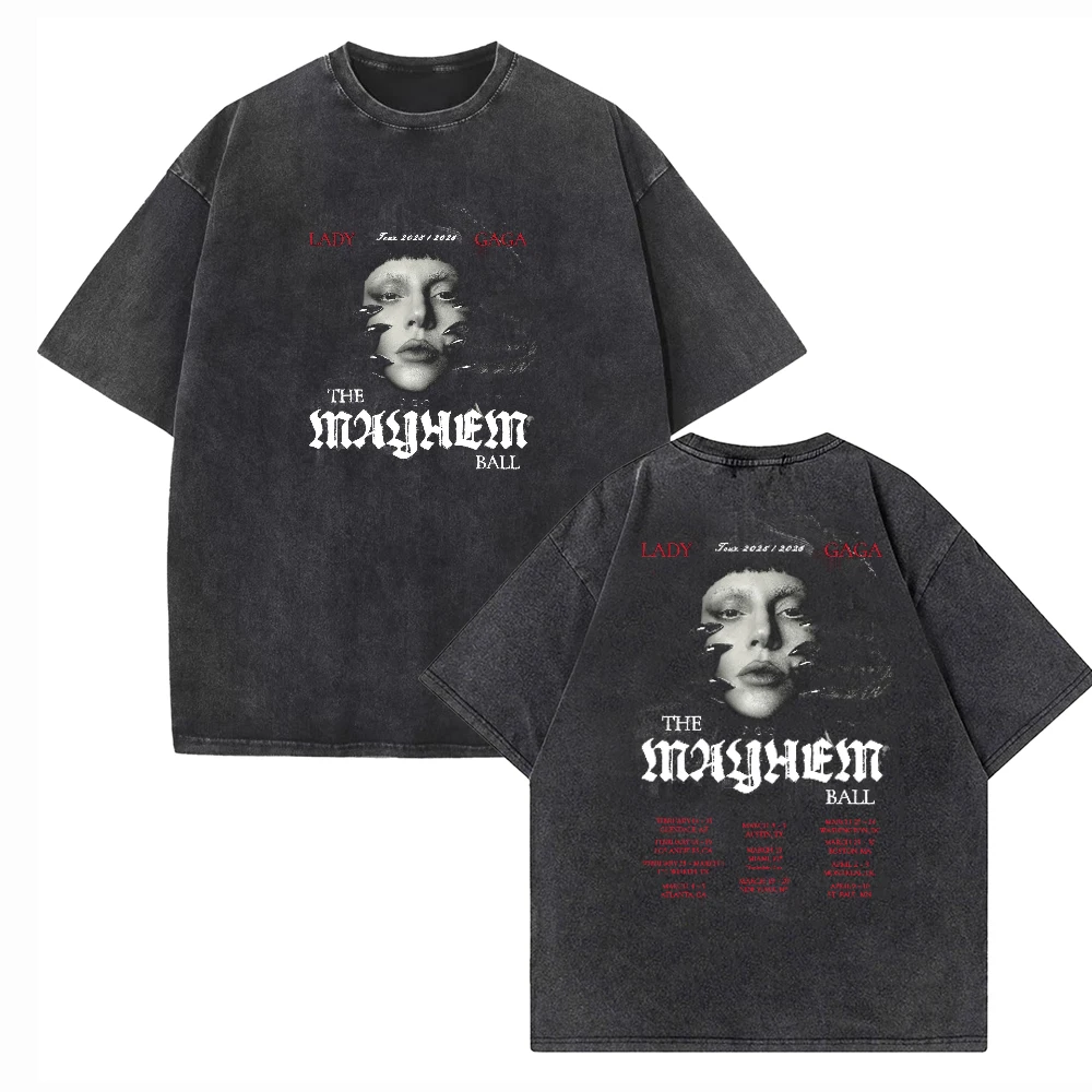 Lady Gaga The Mayhem Ball Tour 2025-2026 Cotton T-Shirts Vintage Summer 2 Sided O-Neck Short Sleeve Cotton T-Shirts