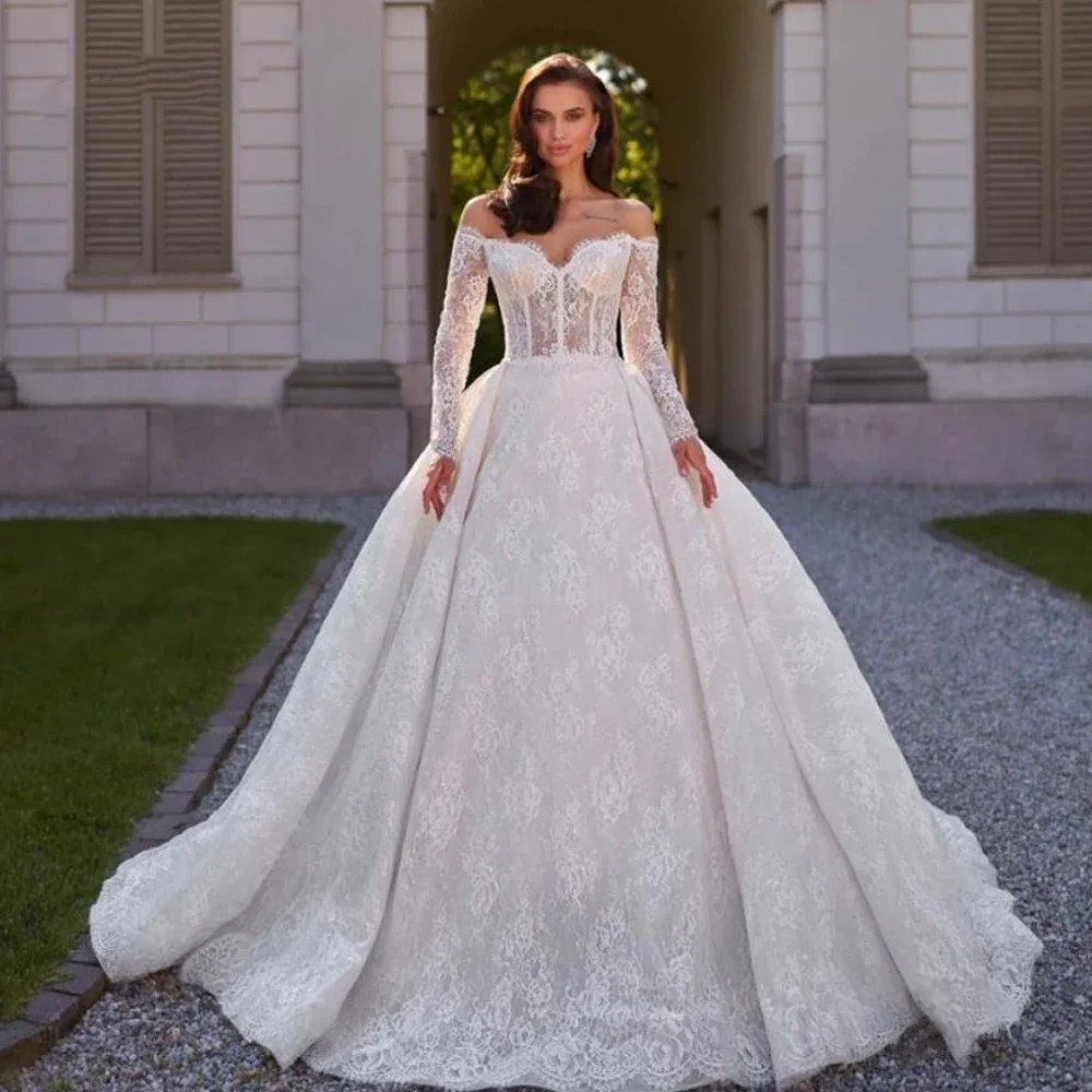 

Customized Off The Shoulder Vintage A-Line Wedding Dresses Lace Appliques Backless Bride Gown Robe De Mariee Vestido De Novia