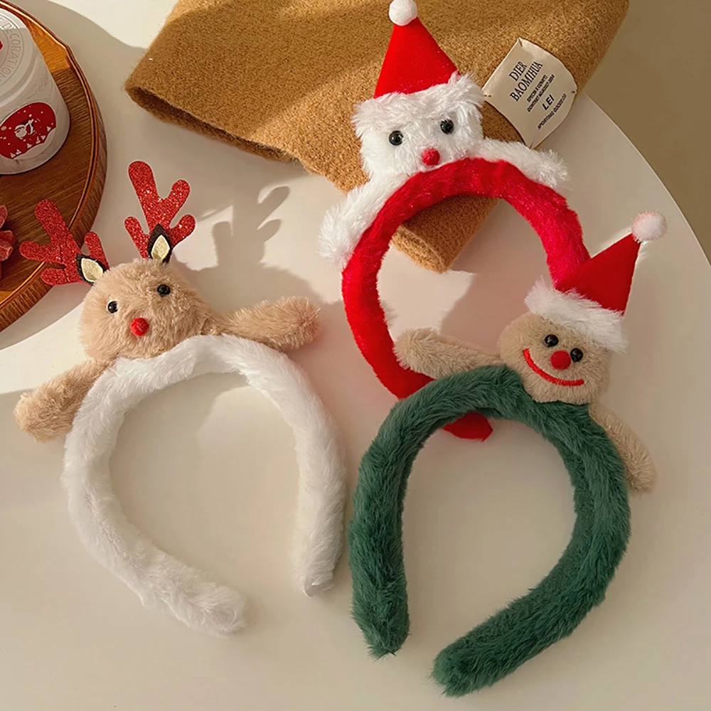 Cute Plush Elk Hair Hoop Female Christmas Dress Up High Headtop Deer Antlers Headband Gingerbread Man Cute Face Wash Headwear