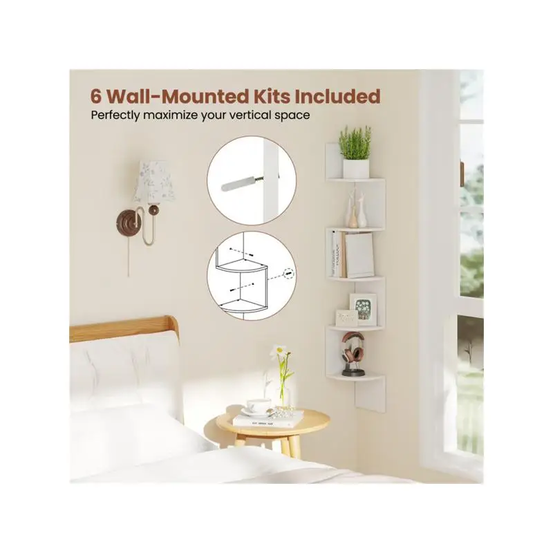 حامل رف كتب زاوية مثبت على الحائط باللون الأبيض مكون من 5 طبقات لتخزين وعرض موفر للمساحة