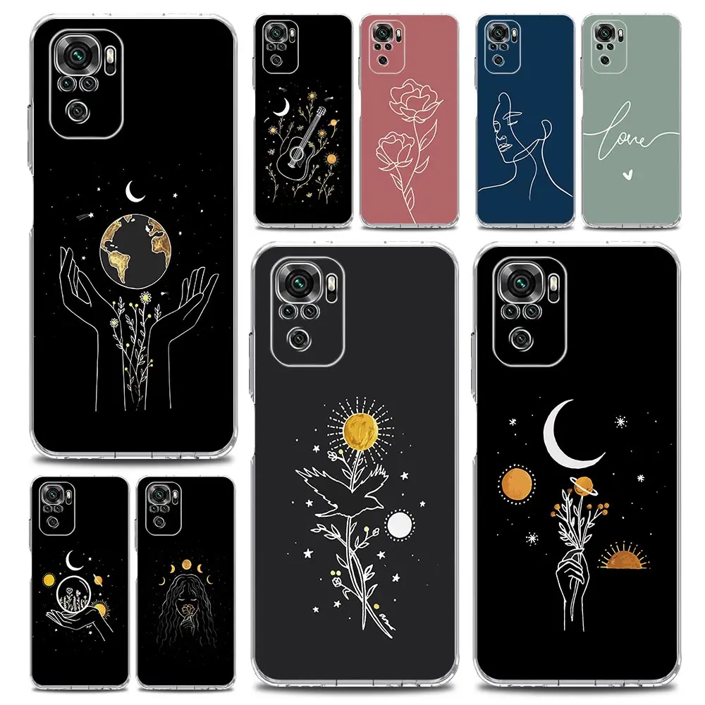 Phone Case For Xiaomi Redmi Note 13 12 5G 9S 9 8 10 11 Pro Plus 4G 9T 13C 12C10C 9C 9A 7 Cover Simplicity line Art sun moon