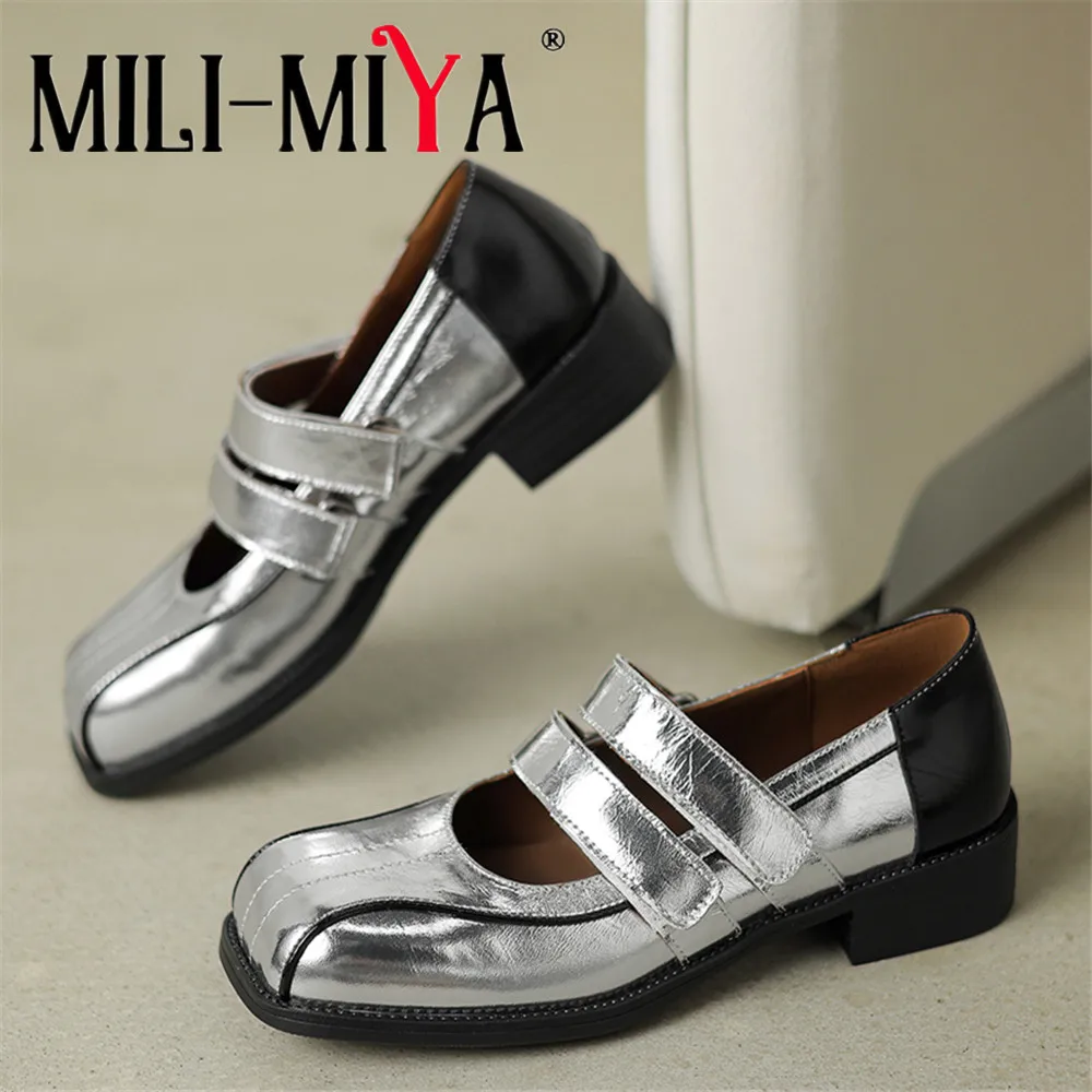 MILI-MIYA Women's Full-Grain Leather Round-Toe Square-Heel Casual High-Heeled Shoes With Convenient Velcro Fastening Pumps