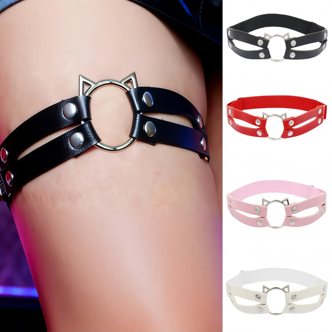 Gothic Cat Ear Ring PU Leather Thigh Garter Black Adjustable Punk Leg Harness Y2K Aesthetic Accessory for Rave & Party Wear