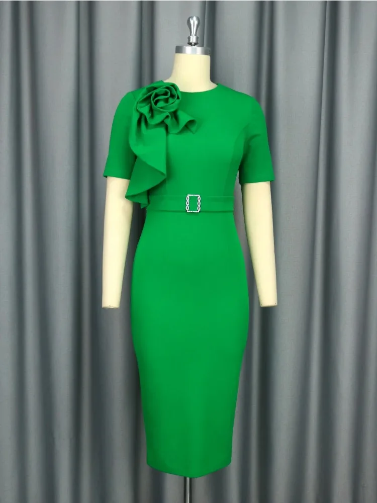 

Elegant Church Dresses for Women Bodycon with Flower Short Sleeves O Neck Office Ladies Classy Modest Female African Gowns New