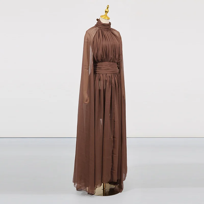 

Fashionable Brown High Neck Maxi Dresses for Women 3D Gold Butterfly Backless Gown with Flowy Mesh Streamers for Prom Night