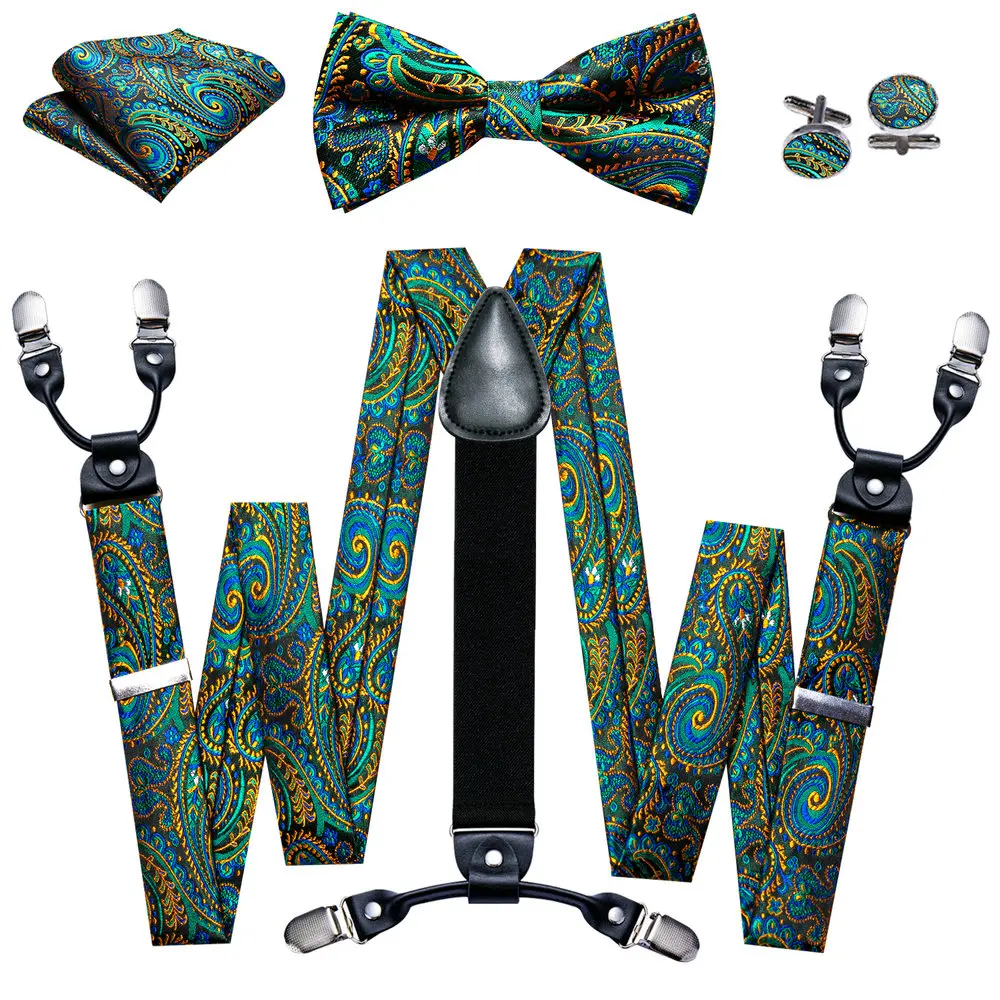Fashion Paisley Green Silk Men Suspender Bowtie Handkerchief Cufflinks Set Y-Shape 6 Clips Party Wedding Business Barry.Wang