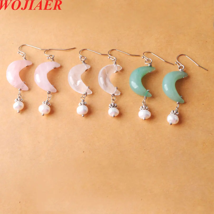 Moon Shaped Natural Stone Dangle Earrings Reiki Hanging Pearl Crystal Pink Quartzs Charm Women Jewelry 1pair BO947