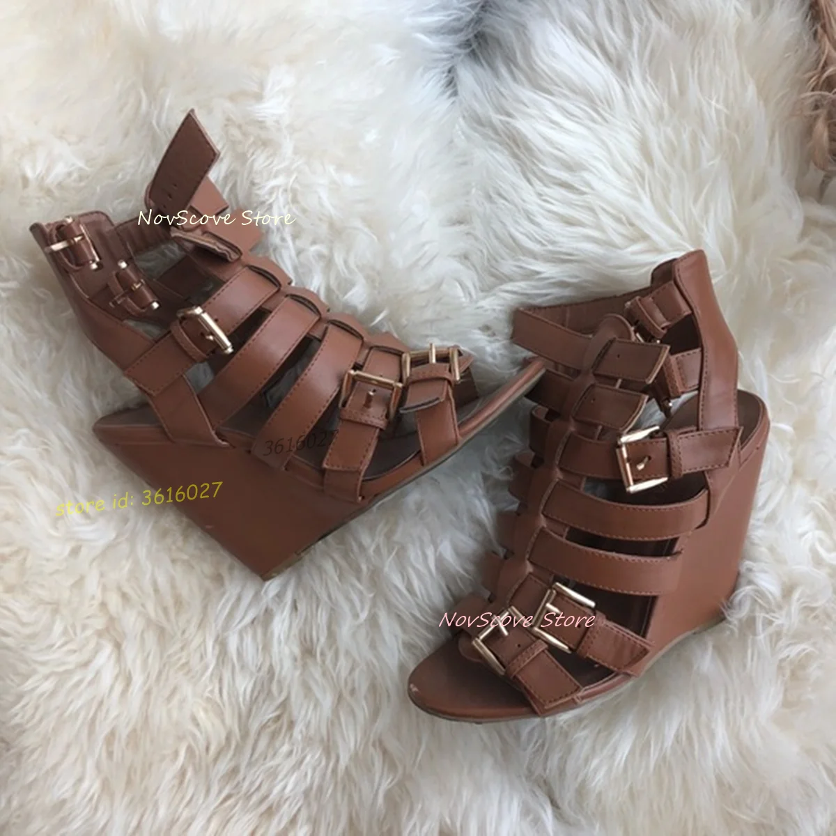 Brown Gladiator Wedges Sandals Open Toe Multi Belt Buckle Cutouts Vintage Sandals Ankle Straps Sexy Women Summer Single Shoes view 2