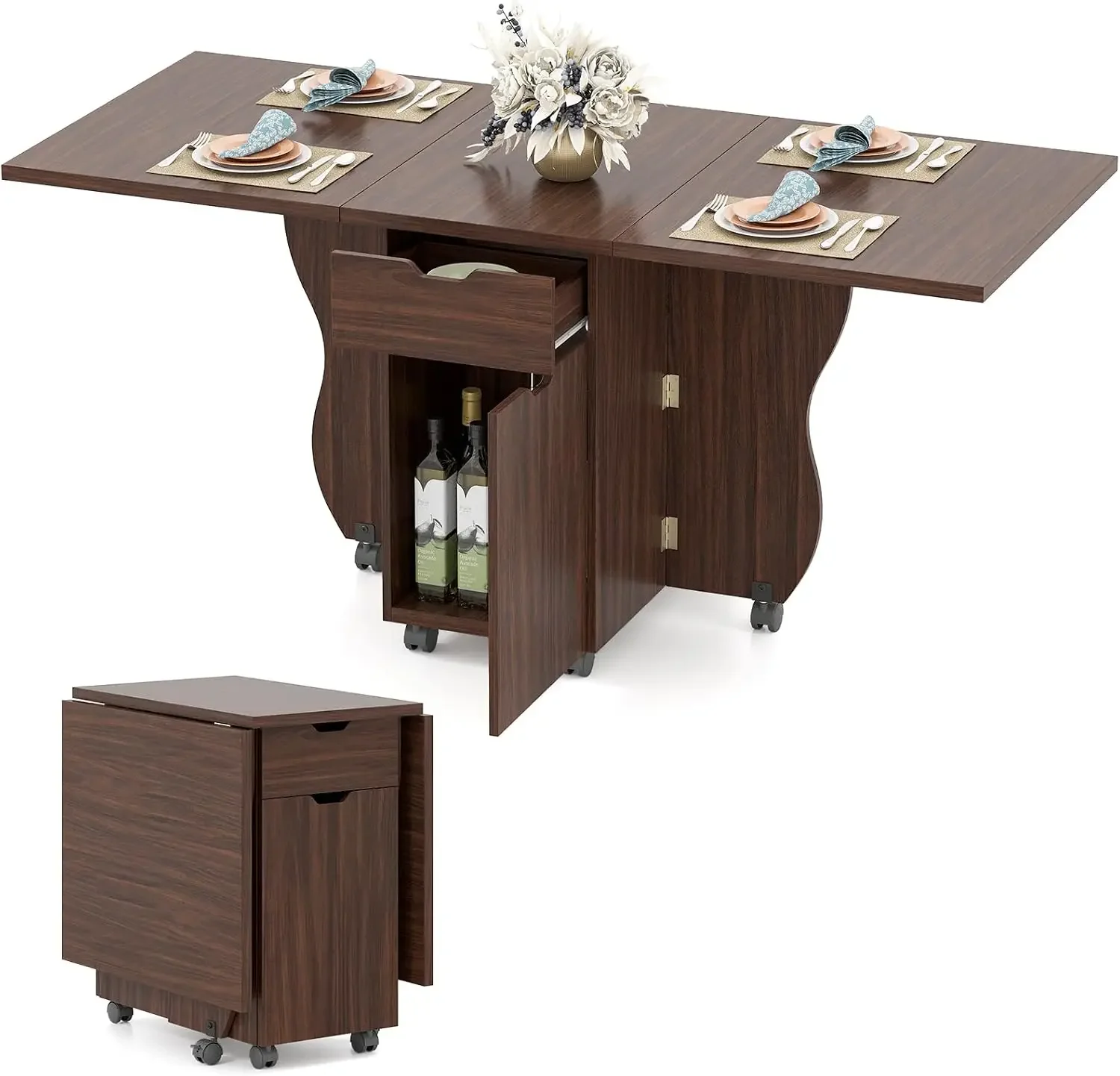 3-in-1 Folding Dining Table for 4-6, 69-Inches Drop Leaf Kitchen Table with 2 Drawers and 2 Cabinets, Lockable Wheels