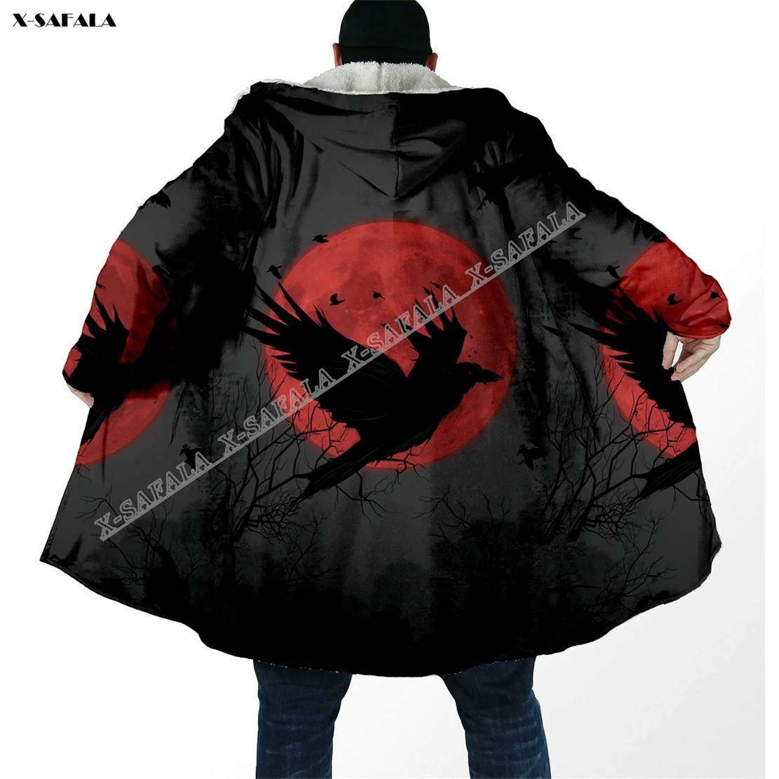 Viking Raven Blood Night 3D Printed Overcoat Hooded Blanket Coat Cape Robe Fleece Loose Men Female Cloak Windproof