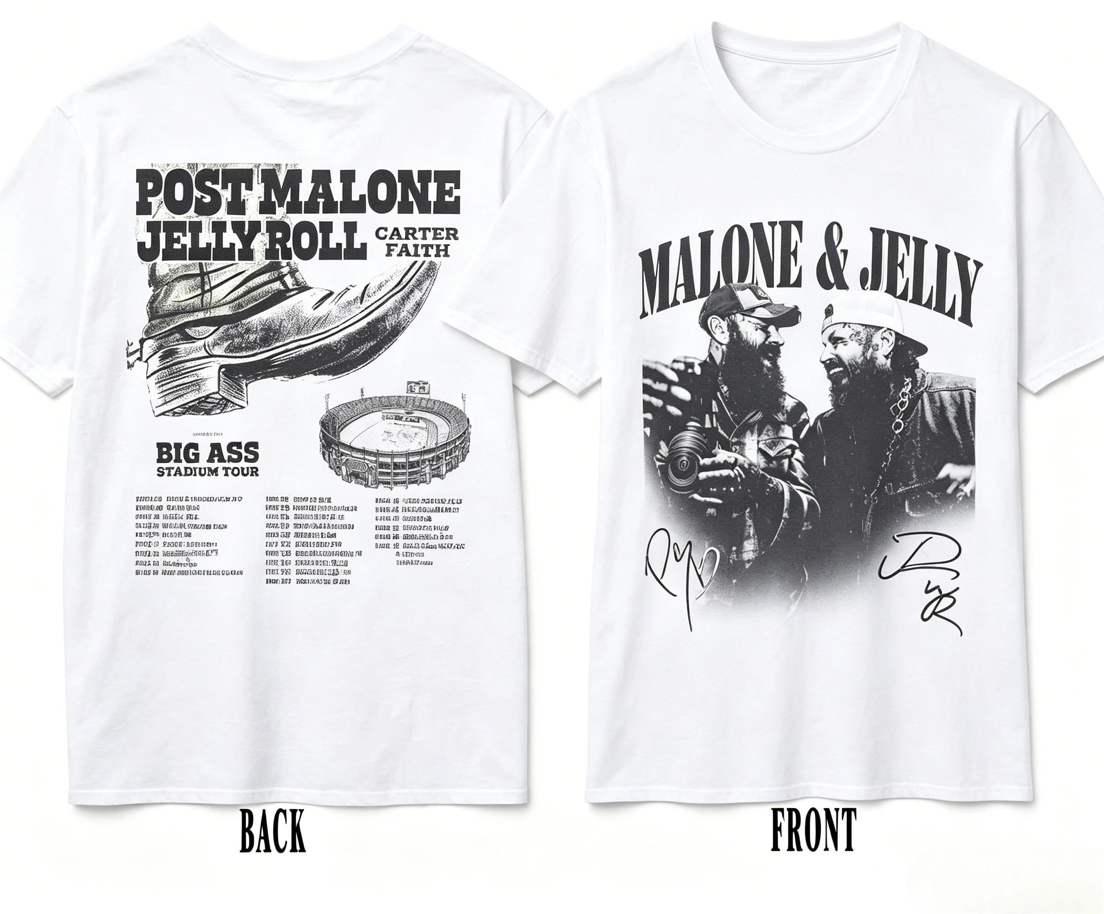 2026 Post Malone Jelly Roll Tour Double Sided Graphic T Shirt Big Ass Stadium Concert Fan Unisex Cotton Tee