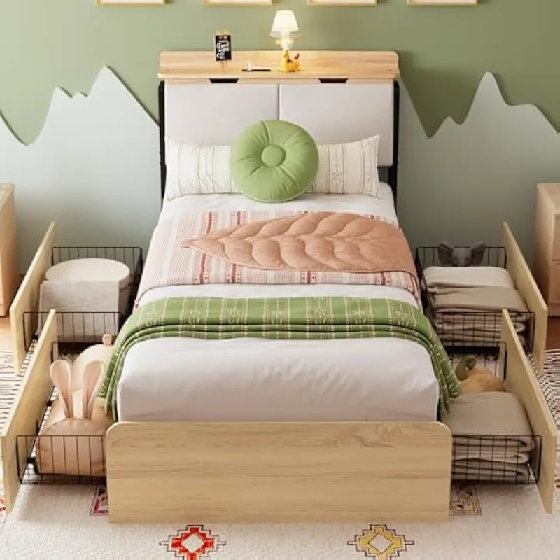 Twin Bed Frames with Hidden Storage Headboard, Camas Twin with Charging Station and 4 Drawers, Sturdy and Noiseless,