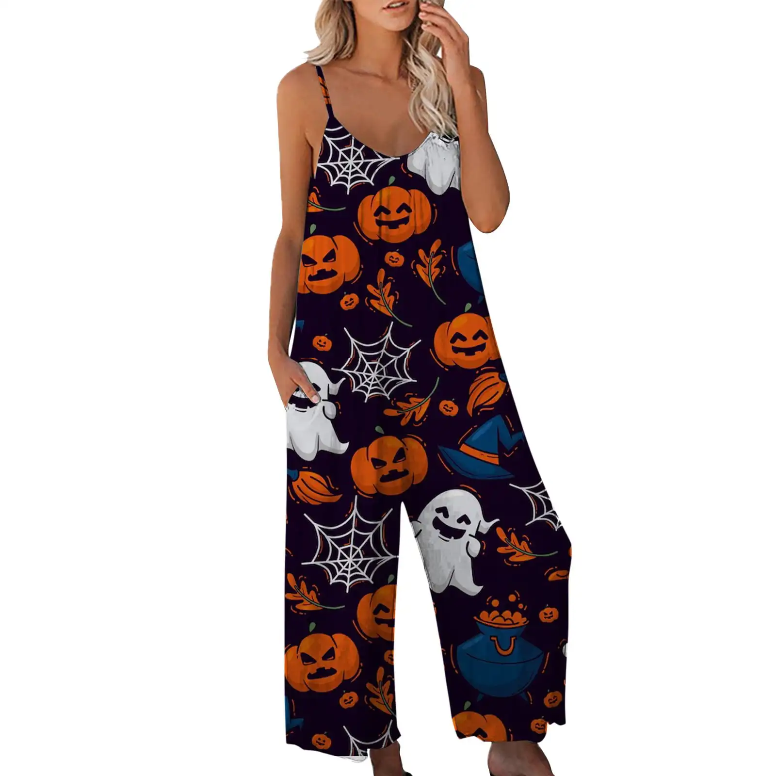 

Women Halloween Cartoon Pumpkin & Bat Print Spaghetti Strap Lounge Jumpsuit Sleeveless Wide Leg Rompers Loose Overalls