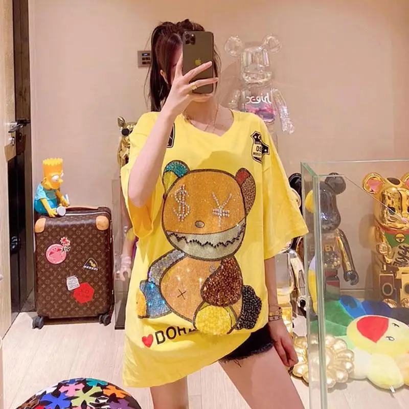 Oversized Tees Dress for Women New Summer Fashion Sparkling Diamond Short Sleeve Mid-long T-shirt Large Size Pullover Cotton Top