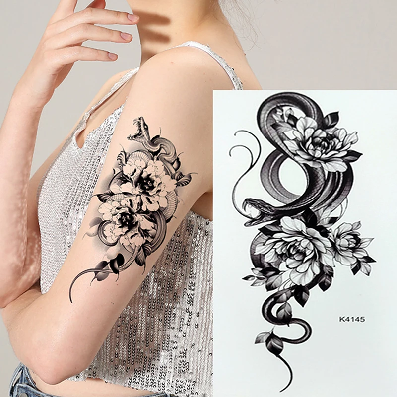 Temporary Tattoo Sketch Line Black Snake Dragon Rose Flowers Fake Tattoo Sticker Arm Sleeve Thigh Sexy Women Body Art Waterproof