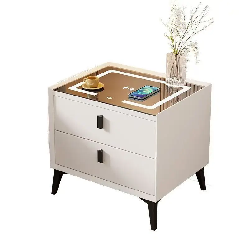 منضدة ذكية جديدة وحديثة وبسيطة من الخشب الصلب وشحن لاسلكي وطاولة بجانب السرير الذكية #2