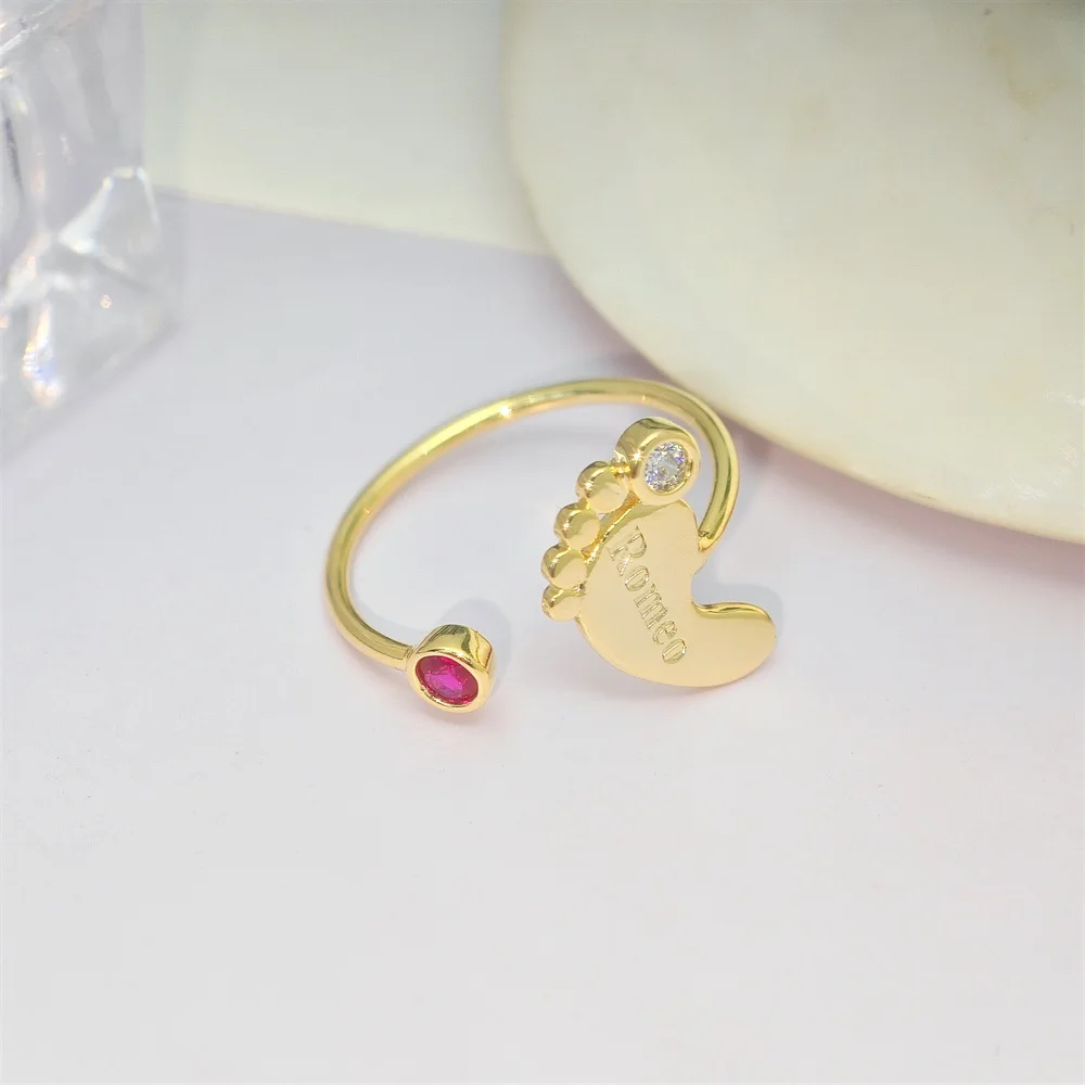 2023 Custom Kids Birthstone Name Ring Personalize Stainless Steel Footprint Open Ring For Children Birthday Jewelry Gifts