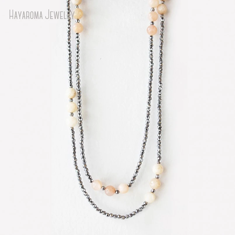 10Pcs Organic Elegance Peach Sunstone Bead Long Layerling Necklace Women Boho Jewelry