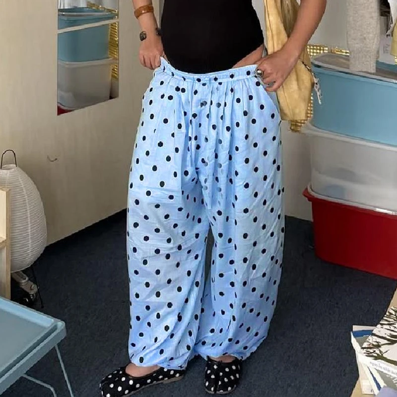 خمر البولكا نقطة واسعة الساق البنطلون السراويل النسائية الخريف في سن المراهقة فتاة كسول فضفاضة تناسب السراويل الطويلة الأمريكية الرجعية Preppy الشارع الشهير #1
